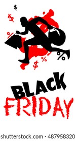 Black friday sale banner. Running shopper with bags silhouette. Vector illustration in a flat style.