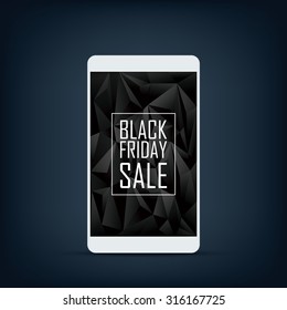 Black friday sale banner. Seasonal clearance promotion. Special offers and discounts poster. Smartphone with polygonal background. Eps10 vector illustration.