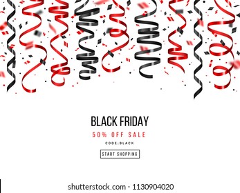 Black Friday sale banner with serpentine on white background. Vector illustration.