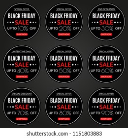 Black Friday sale banner set. 10,20,30,40,50,60,70,80,90% price off. Discount round card or sticker. Special offer, sale poster, flyer, price tag design element. Vector illustration. 