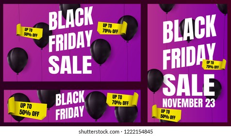 Black friday sale banner set of social media web banners for shopping, sale, product promotion .Realistic Balloons with Yellow sticker on Purple background. marketing flyer pack. vector stock 