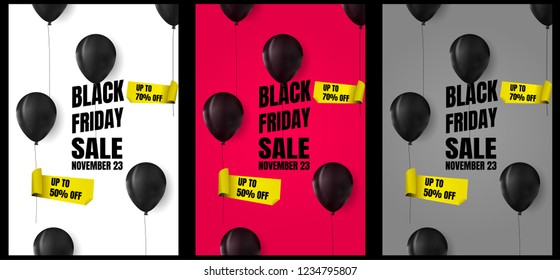 Black friday sale banner set of social media web banners for shopping, sale, product promotion. Dark Balloons with 50off 70off sticker on white gray purple background, design marketing flyer or card 
