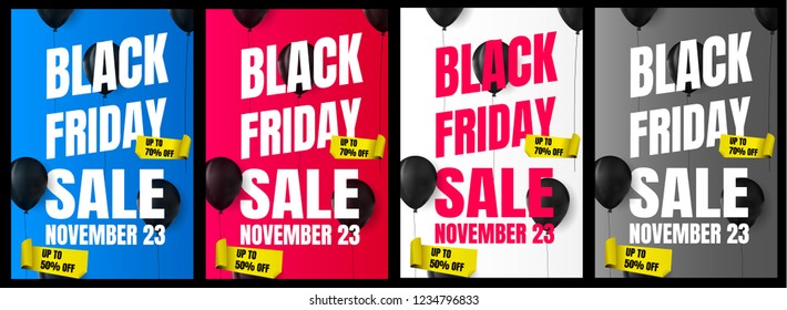 

Black friday sale banner set of social media web banners for shopping, sale, product promotion. Dark Balloons with 50off 70off sticker on white blue purple background, design marketing flyer or card