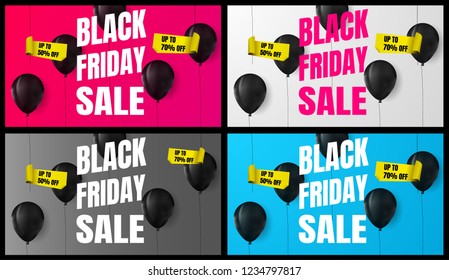 Black friday sale banner set of social media web banners for shopping, sale, product promotion. Dark Balloons with 50off 70off sticker on white blue purple background, design marketing flyer or card 
