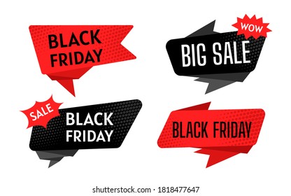 Black Friday sale banner set. Abstract advertising sign banner of big sales, promotion. Halftone dot background, black and red. Super sale and discount collection. Isolated vector illustration