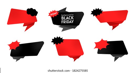 Black Friday sale banner set. Template abstract advertising sign banner of sales, promotion. Halftone dot background, black and red. Super sale and discount collection. Isolated vector illustration