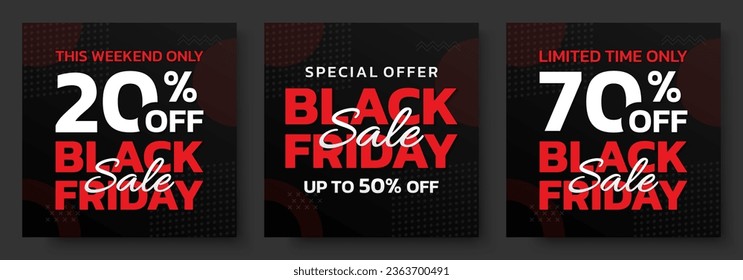 Black Friday sale banner set. Discount background template. Promotion, marketing poster, label or flyer with 20, 50, 70 percent price off. Special offer design. Vector illustration.