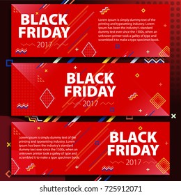 Black Friday sale banner set. Poster Sale. Template in memphis style. Fashionable and modern banners for advertising. Red horizontal banners on a black background. Vector illustration