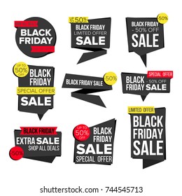 Black Friday Sale Banner Set Vector. Discount Tag, Special Friday Offer Banner. Special Offer Black Templates. Best Offer Advertising. Isolated Illustration