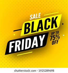 Black friday sale banner with shadow on yellow background, up to 70% off. Vector illustration.