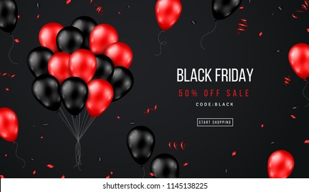 Black Friday Sale Banner with Shiny Balloons Bunch and Confetti on Dark Background. Vector illustration.