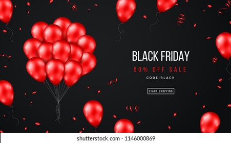 Black Friday Sale Banner with Shiny Balloons Bunch and Confetti on Dark Background. Vector illustration.