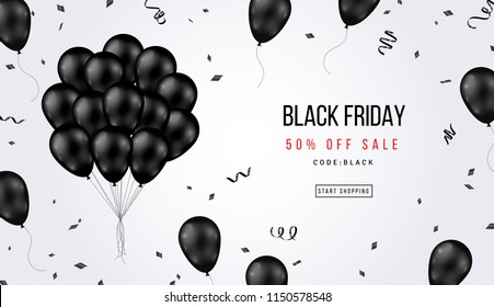 Black Friday Sale Banner With Shiny Balloons Bunch And Confetti On White Background. Vector Illustration.