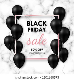 Black friday Sale banner. Shiny black balloons on marble background with rose gold frame. Vector design template.