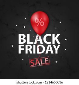 Black Friday Sale banner with shiny red balloon on black marble background. Vector illustration.