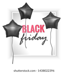 Black Friday Sale Banner with Shiny black Balloons with shape of star on White Background. Vector EPS 10 illustration.