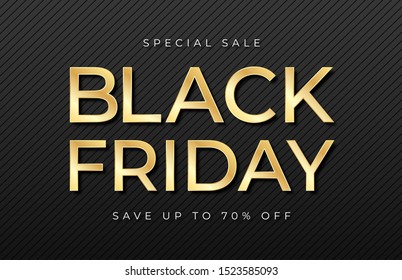 Black Friday sale banner. Shiny golden text on dark and luxury background. Black Friday promotion and advertising, special offer and sale. Banner and poster, brochure and flyer design concept. Vector