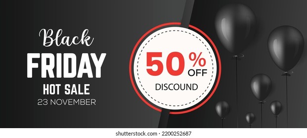 Black Friday Sale Banner with Shiny Balloons Bunch and Confetti on Dark Background. Vector illustration.