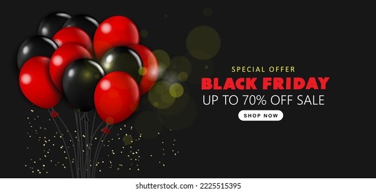 Black Friday Sale Banner with Shiny Balloons Bunch and Confetti on Dark Background. Vector illustration.