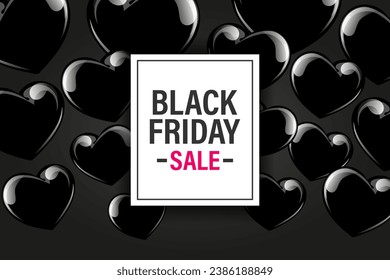 Black Friday sale banner with black shiny balloons and hearts. Minimal style poster with balloons, template. Vector