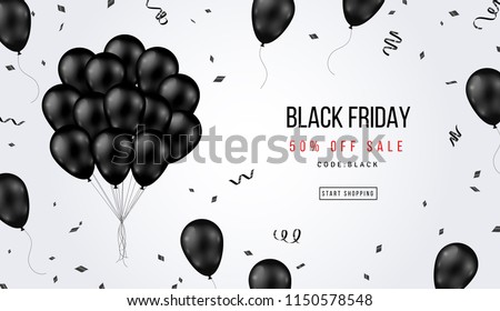 Black Friday Sale Banner with Shiny Balloons Bunch and Confetti on White Background. Vector illustration.