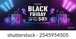 Black Friday Sale Banner with Shopping Bags and Discount Symbols,Neon Lights and Special Offer,Modern Black and Dark Background for Black Friday Marketing and Promotions