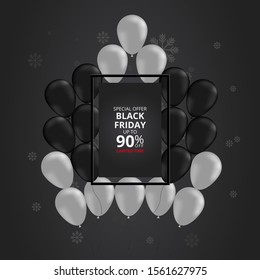 Black friday sale banner shopping template with shiny or glossy ballons red black and white with frame. sale poster modern elegant minimalist concept vector illustration design for digital marketing