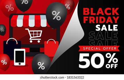 Black friday sale banner, shopping on computer. Vector illustration
