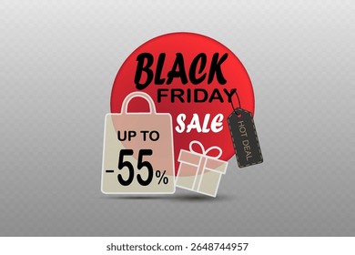 Black Friday sale banner with shopping bag gift box and hot deal tag. On transparent background