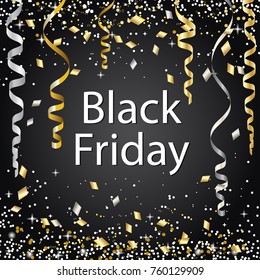 Black Friday sale banner. Silver and Golden confetty and Serpentine. Promotion background. Vector.