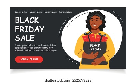 Banner de venda de sexta-feira preta. Mulher de pele preta segurando saco de compras com caixas de presente. Fundo da Black Friday.