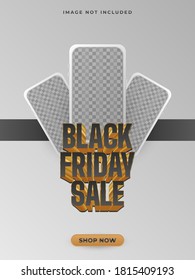 Black Friday sale banner with smartphones and 3d black and gold text on white background