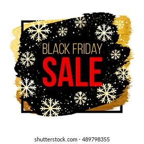 Black Friday sale banner with snowflakes. Design template for Christmas sale, winter sale or New Year sale. Easy editable gold and black background.
