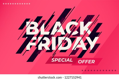 Black friday sale banner. Social media web banner for shopping, sale, product promotion. Template in a fashionable style. Dark blue dynamic lines on red background. Vector illustration