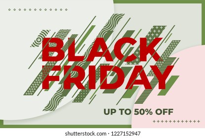 Black friday sale banner. Social media web banner for shopping, sale, product promotion. Template in a fashionable style. Green dynamic lines and red text. Vector illustration