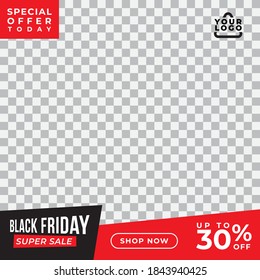 Black Friday sale banner. Social media post design template. Special offer up to 30% off. Black and red color theme. Vector illustration