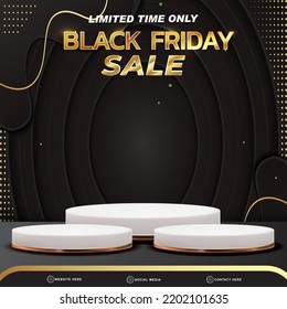 black friday sale banner social media template post with blank space 3d podium for product with abstract black and golden gradient background design