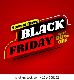 Black Friday sale banner, special offer up to 90% off. Vector illustration.