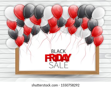 Black Friday sale banner. Special offer discount. Wooden background and white, red, and black balloons. Vector illustration.