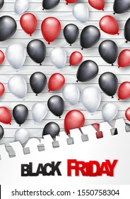 Black Friday sale banner. Special offer discount flyer or poster. wooden background with balloons. Vector illustration.