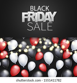 Black Friday sale banner. Special offer discount. Dark background with balloons and glowing lights garland. Vector illustration.