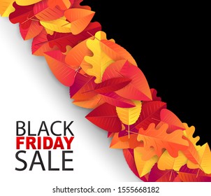 Black Friday sale banner. Special offer discount. Autumn leaves decoration. Vector illustration.