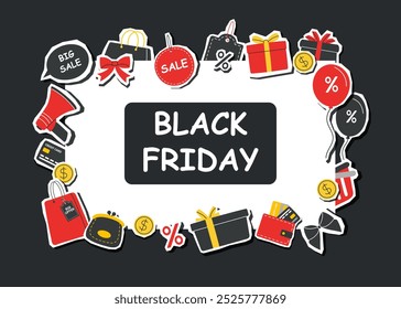 Anuncio de la venta del Viernes Negro. Collage de pegatinas de Black Friday. Compras del Black Friday.