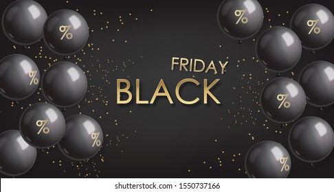 Black friday sale, black banner, super sale, special offer, design template, black balloons vector illustration
