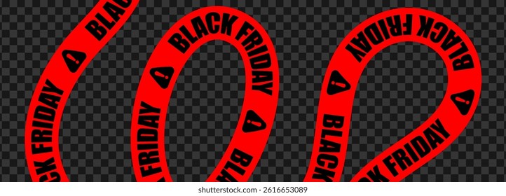 Black Friday Sale Banner Tape With Warning Sign On Transparent Background. Red Danger Ribbon For Discount Promotion, Online Shopping, And Ecommerce Advertising Design. Vector Illustration.