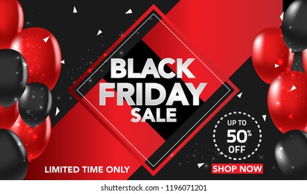 Black Friday Sale banner template background with red and black ballons and conffeti. Special offer. end of season, Template for brochure, web banner, flyer. vector illustration.