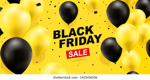 Black friday sale banner template design. Discount sale, half price. Black and yellow balloons on a yellow background.Vector illustration.