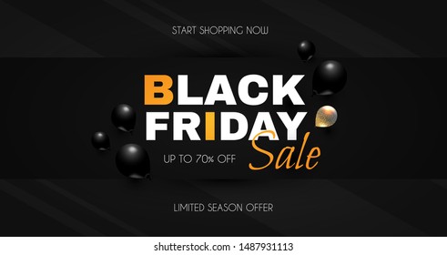 Black friday. Sale banner template with flying balloons.