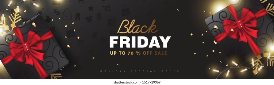 Black friday sale banner template with Christmas decorative elements present box.background. Vector illustration