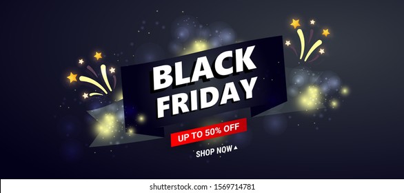 Black friday sale banner template. Dark background with black ribbon and sale text, fireworks, stars decor for seasonal discount offers.